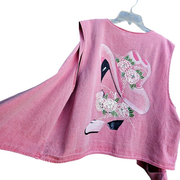 Vintage Pink Denim Western Vest Plus Size XXL Hand Painted Cowgirl Roses - Picture 7 of 11